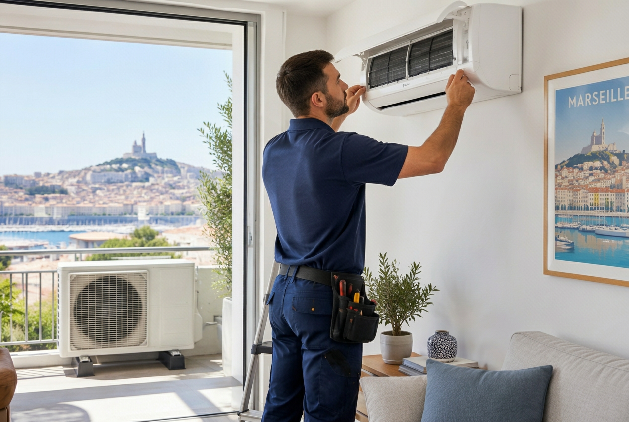 Technicien VESCERA entretenant une climatisation à Marseille